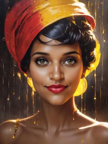 Rolf armstrong style,The image of black Woman with splashes of red, yellow and black paint, rain, abstract art, vibrant colors, high contrast, modern art style, detailed features, dynamic composition,