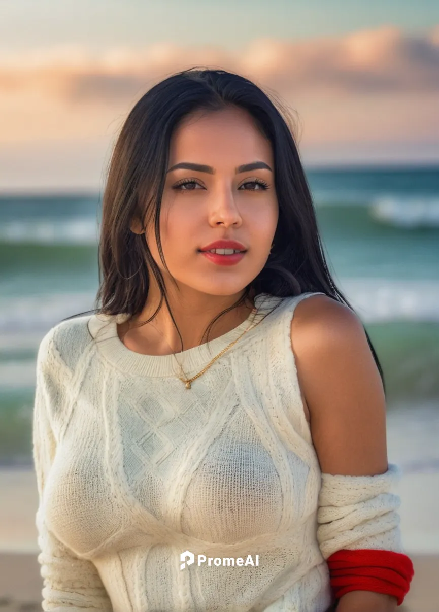 a portrait half body of a beautiful latina 24 years old black hair wearing a red top and transparent white wool sweater stand up in the beach as background in 4k,beach background,indian woman,indian g