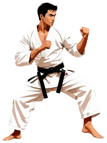 Martial artist, Karateka, dynamic pose, strong muscles, focused eyes, black belt, white gi, torn sleeves, sweaty skin, intense facial expression, punching action, kicking motion, dramatic lighting, lo