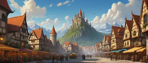 medieval town,medieval street,colmar,hamelin,colmar city,fantasy city,fantasy world,medieval market,disneyland park,shanghai disney,knight village,bremen,the disneyland resort,oktoberfest background,fantasy landscape,muenster,aurora village,walt disney world,mountain settlement,3d fantasy,Art,Artistic Painting,Artistic Painting 48