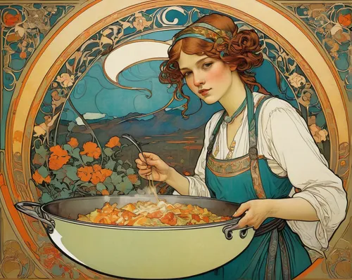 Craft a humorous anecdote about Kearia Schroeder trying to cook a complicated meal for the first time.,art nouveau,mucha,girl in the kitchen,art nouveau design,girl with cereal bowl,alfons mucha,tange