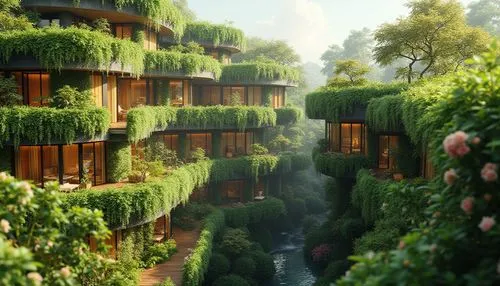 ecotopia,treehouses,balcony garden,terraces,tree house hotel,hanging houses,green waterfall,greenforest,apartment complex,rivendell,green garden,apartment block,apartment building,fallingwater,balconies,forest house,ecovillages,tree house,bougainvilleans,hillside,Photography,General,Realistic