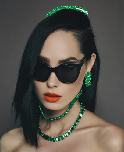 The girl with sunglasses and the emeralds collar. Bright Black Hair.,cyber glasses,emerald,jade,red green glasses,st paddy's day,green,crystal glasses,eye glass accessory,in green,irish,cuban emerald,