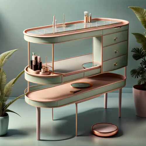 Beauty pop-up makeup table design, pastel purple, modern and clean design, nature-friendly, skin care cosmetics on the top, netro style,dressing table,cosmetics counter,sideboard,writing desk,danish f