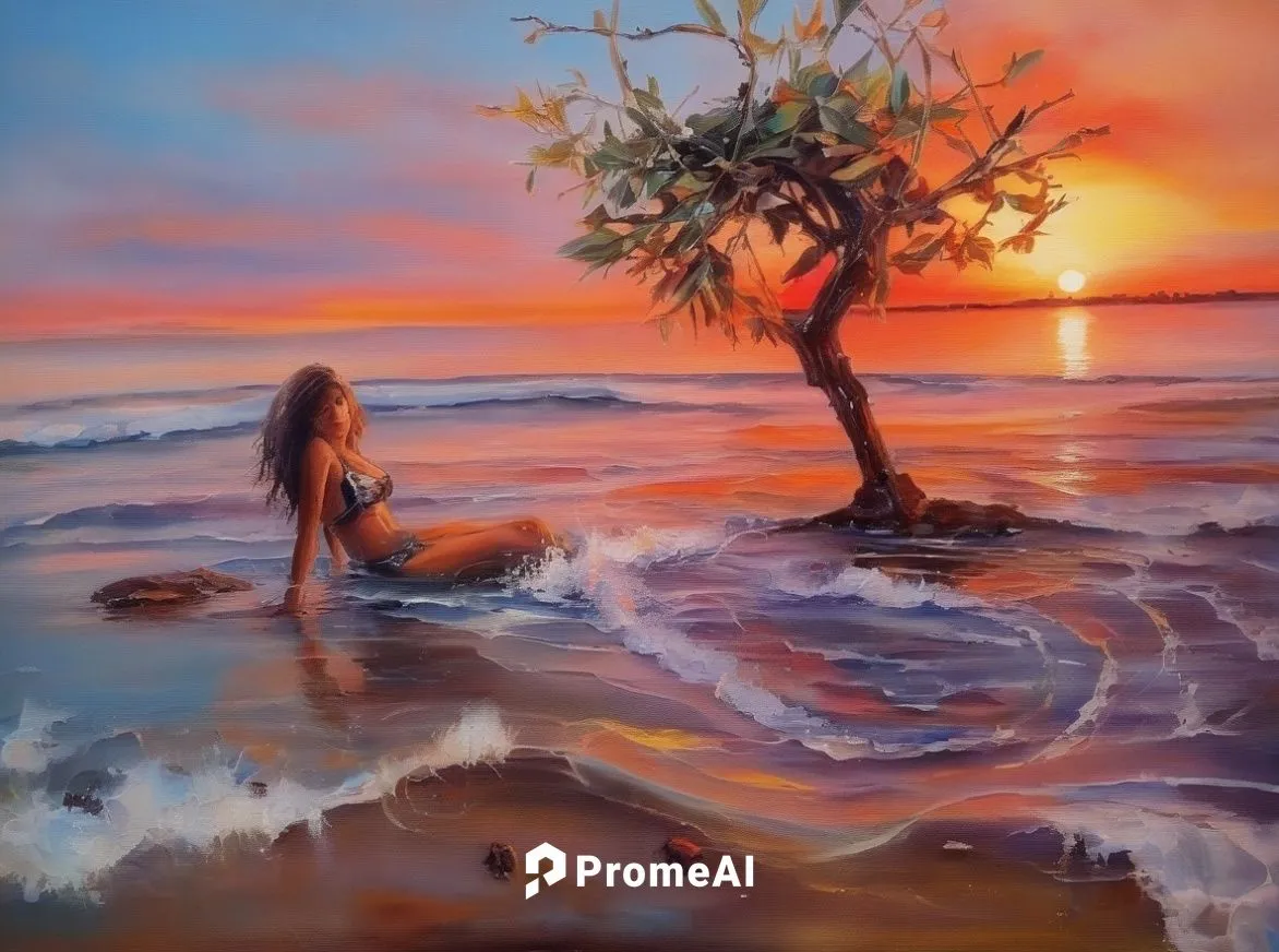 girl with tree,oil painting,oil painting on canvas,beach landscape,orange tree,mangroves,art painting,painted tree,sunrise beach,sunset beach,tangerine tree,sea landscape,coastal landscape,oil on canv