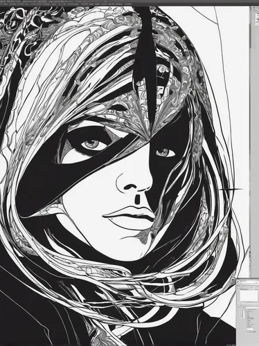 arrow line art,mono line art,mono-line line art,lineart,eyes line art,comic halftone woman,huntress,process,line art,adobe illustrator,noodling,line-art,scribble lines,darth talon,scarlet witch,black widow,sorceress,head woman,the enchantress,burqa,Illustration,Vector,Vector 11