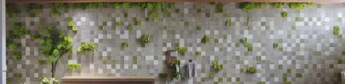 A cozy bathroom is filled with intricate patterns and colors, the colors of wood and green tiles dominating the space. The wall behind the tiles is painted a bright yellow, with a striped vase filled 