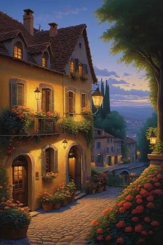 home landscape,provence,alsace,alpine village,france,evening atmosphere,tuscan,romantic scene,houses clipart,aurora village,tuscany,night scene,roof landscape,italian painter,swiss house,mountain village,beautiful home,spa town,summer evening,italy,Illustration,Realistic Fantasy,Realistic Fantasy 27