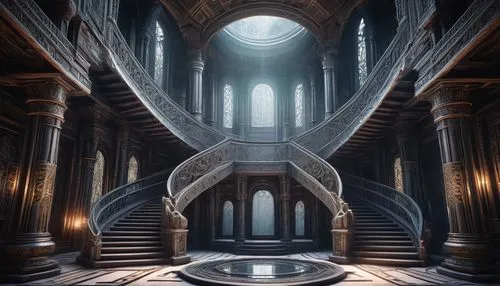 labyrinthian,theed,hall of the fallen,spiral staircase,staircase,sanctum,circular staircase,winding staircase,the threshold of the house,sanctorum,imperialis,instrumentarium,labyrinthine,labyrinths,threshold,undercity,chamber,orchestrion,threshhold,staircases,Illustration,Japanese style,Japanese Style 17