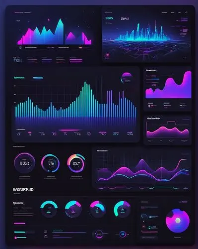 Minimalist, modern, free UI kit, digital dashboard, sleek interface, futuristic design, holographic elements, neon lights, glowing buttons, abstract shapes, metallic accents, clean typography, vibrant