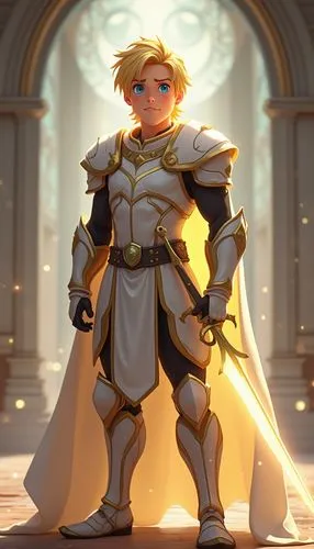 Full-body character design of a handsome man with Nordic features, radiant blonde hair, and bright blue eyes. Wears gleaming, white and gold armor that emits a soft glow. Holds a sword that radiates p