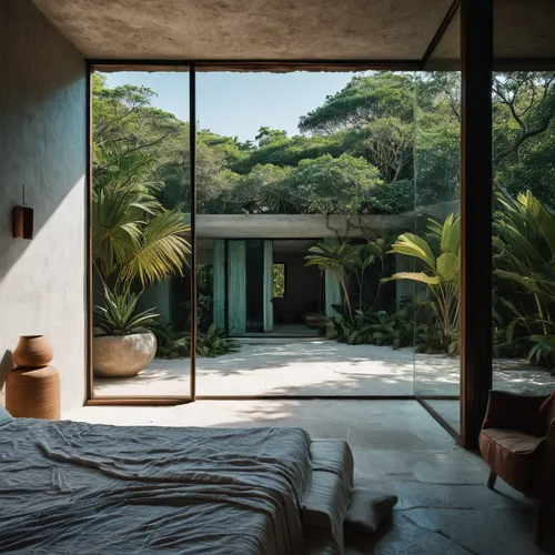 (a view from a bedroom:1.3), unsplash contest winner, modernism, mexico tulum, subtle detailing, beautiful house on a forest path, glass openings, stucco walls, olivia de bernardinis, maya, ignant, be