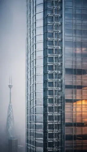 Modern pdf architecture, futuristic skyscraper, sleek glass facade, silver metallic frames, intricate steel beams, geometric shapes, minimalist design, urban cityscape, misty morning, soft natural lig