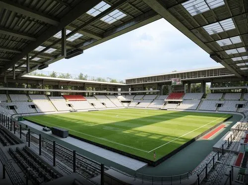 Stadium grandstand, athletic tracks, lush green grass, sports equipment, ventilation systems, metal grilles, air intake vents, exhaust fans, natural light, clerestory windows, cantilevered roofs, mode