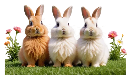 Fluffy bunnies, 3-4 bunnies, different breeds, cute faces, twitching noses, floppy ears, soft fur, various colors, playing, sitting, jumping, eating carrots, surrounded by flowers, green grass, warm s