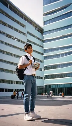 Architecture student, 5-6 years university program, young adult, (20-22yo), casual outfit, jeans, white shirt, sneakers, backpack, serious facial expression, holding architectural model, standing in f