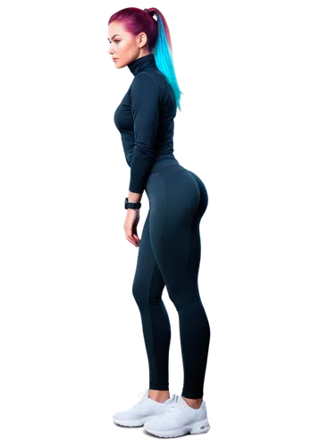 Perfectly shaped booty, female, athletic, toned legs, smooth skin, shiny hair, minimal makeup, sporty outfit, fitness wear, leggings, sneakers, dynamic pose, strong lighting, 3/4 composition, vibrant 