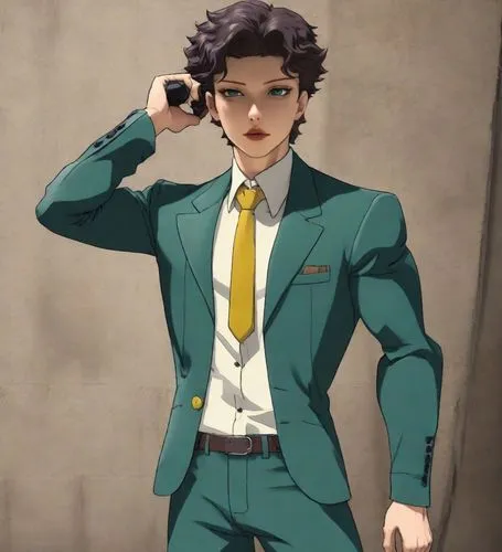 a man in green suit and yellow tie,shigehiro,ishimaru,koichi,oikawa,soejima,johjima,jotaro,dojima,eikichi,hajime,akihiro,kaneshiro,rohan,stylish boy,yurko,toshihiko,giovanni,emporio,kuwata,salaryman