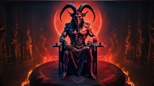 the demon god is sitting on top of his throne,luciferian,baphomet,kadath,enthroned,akhnaten,patriarch