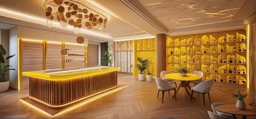 Please design an organic wine bar. The floor tiles are reflective yellow-toned marble, and the walls are white. The ceiling is made of wood and has patterns drawn on it. The round pillar is made of wo