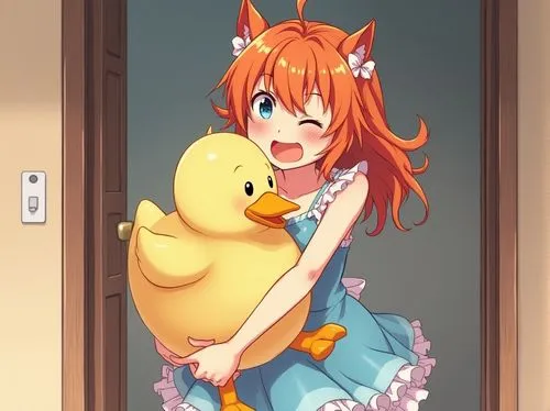 detailed drawing of cute anime woman orange hair wearing a blue frilly chemise
she is yawning rubbing her eye and holding a large stuffed duck standing in the doorway she wants you to come back to bed