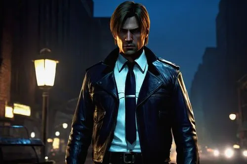 Leon Kennedy, Raccoon City police officer, male, 30s, strong facial features, short brown hair, blue eyes, worn leather jacket, white shirt, black tie, formal trousers, gun holster, serious expression