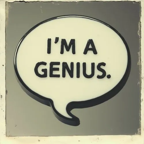 A white speech bubble pin with the bold black inscription "I'M A GENIUS.",a sign with words in a bubble that reads i'm a genius,primigenius,flash of genius,genus,generalists,genuity,generalizability,P