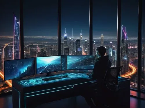 Modern skyscraper, futuristic cityscape, sleek glass facade, metallic frames, angular edges, neon lights illuminating the night sky, holographic advertisements floating above, intricate circuit boards