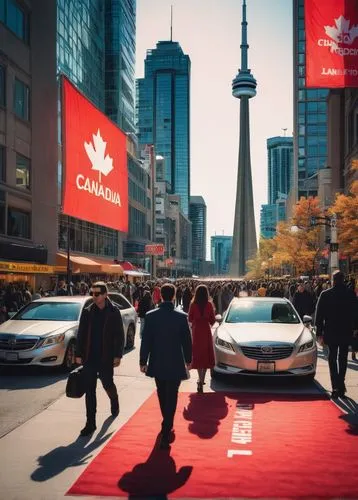 Toronto cityscape, evening time, modern skyscrapers, glass towers, CN Tower, Toronto Sign, urban landscape, film festival banners, red carpet, step-and-repeat backdrop, photographers snapping photos, 