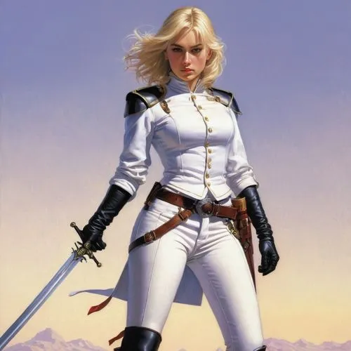 1girl, solo, blonde hair, gloves, standing, full body, weapon, boots, belt, pants, sword, signature, uniform, dated, hand on hip, knee boots, sheath, epaulettes, white pants, cane, rapier, hand on hil