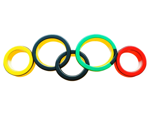 Olympic rings, interconnected five rings, blue, yellow, black, green, red, metallic material, shiny surface, 3D rendering, dynamic lighting, panoramic view, symmetrical composition, vibrant color tone