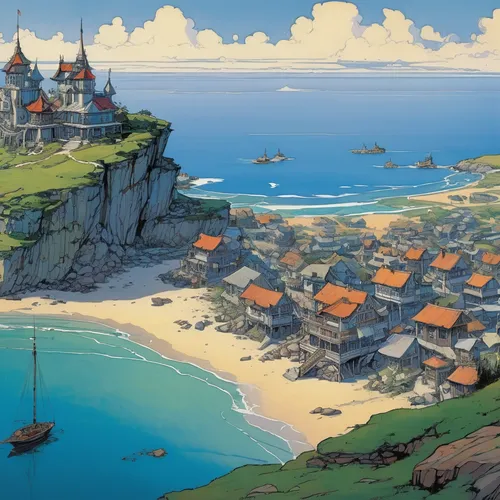 seaside resort,fishing village,studio ghibli,seaside country,popeye village,sea-shore,peninsula,seaside view,dream beach,seaside,coastal landscape,floating huts,sea landscape,sand coast,bretagne,breizh,isle,knight village,beach landscape,caravel,Conceptual Art,Fantasy,Fantasy 08