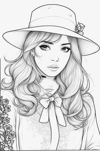 a girl with long hair wearing a hat,lineart,straw hat,line art,camie,mono-line line art,coloring page,Design Sketch,Design Sketch,Detailed Outline