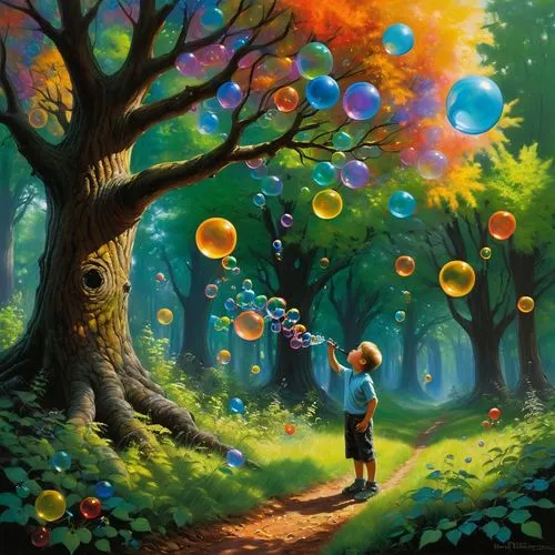 little girl with balloons,colorful balloons,rainbow color balloons,colorful tree of life,children's background,fairy world,Illustration,Realistic Fantasy,Realistic Fantasy 32