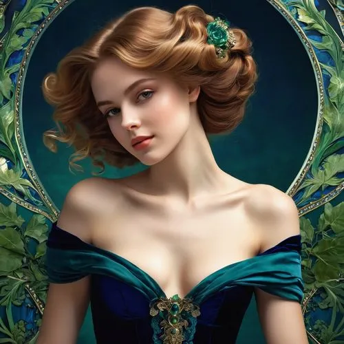 princess anna,fantasy portrait,fairy tale character,emile vernon,faery,fairy queen,victorian lady,romantic portrait,faerie,cinderella,celtic woman,fantasy art,fairy peacock,blue rose,celtic queen,jasmine blue,mystical portrait of a girl,eglantine,emerald,the enchantress,Photography,Artistic Photography,Artistic Photography 03