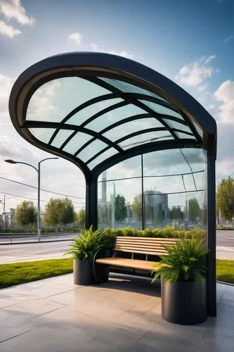 Modern bus shelter, sleek curved roof, transparent glass walls, steel frame structure, minimalist seating, real plants decoration, urban cityscape background, cloudy sky, warm natural light, shallow d