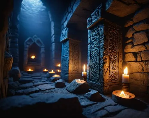 Glowing runes, ancient mysterious symbols, intricately carved, pulsing blue-white light, mystical aura, medieval fantasy setting, dimly lit dungeon, stone walls, torches flickering, magical atmosphere