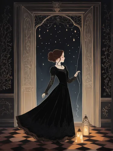 queen of the night,lady of the night,victorian lady,cinderella,light of night,candlemaker,candlelights,waltz,victorian style,starlight,the snow queen,gothic dress,ball gown,book illustration,enchanted,the witch,candlelight,fairy tale,evening dress,black candle,Illustration,Abstract Fantasy,Abstract Fantasy 05