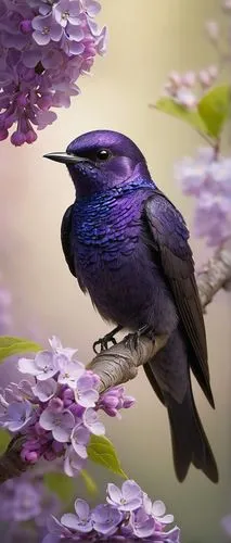 Purple fairy martin, solo, small wings, slender body, bright purple feathers, sparkly eyes, delicate legs, tiny feet, perched on a thin twig, surrounded by blooming lilac flowers, soft petals, warm su