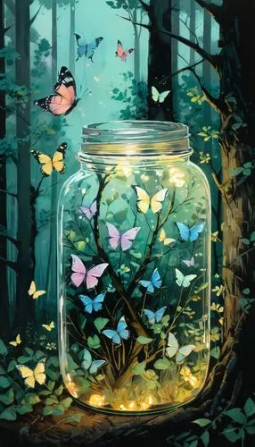 A jar filled with glowing flora and pastel butterflies that sits beside a tree in a forest,fireflies,empty jar,glass jar,fairy lanterns,honey jar,butterflies,moths and butterflies,jar,butterfly backgr