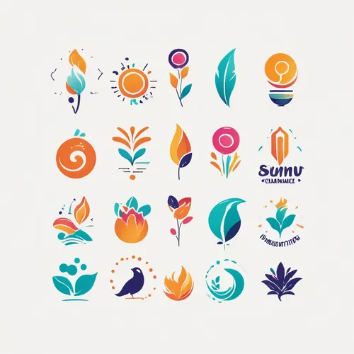 Develop playful logos with vibrant colors, whimsical icons, and joyful elements. Design a lively ambiance for a fun and cheerful brand identity.,leaf icons,summer icons,fruits icons,fruit icons,summer