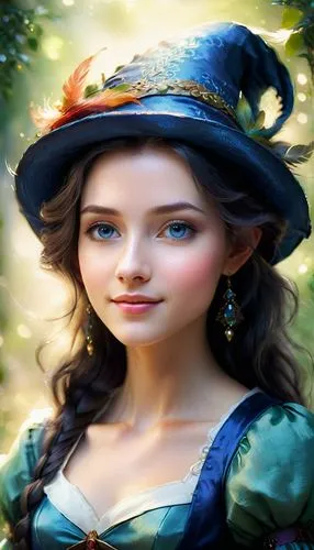 a woman wearing a hat is standing in the grass,fairy tale character,storybook character,principessa,belle,scotswoman,noblewoman,Illustration,Realistic Fantasy,Realistic Fantasy 15