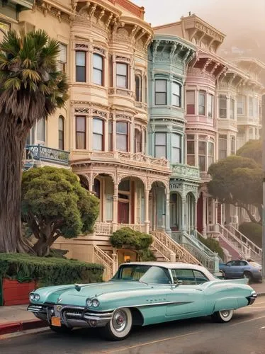 San Francisco architecture, Victorian style, colorful buildings, steep roofs, ornate details, intricate carvings, rounded bay windows, painted ladies, urban landscape, city streets, foggy atmosphere, 