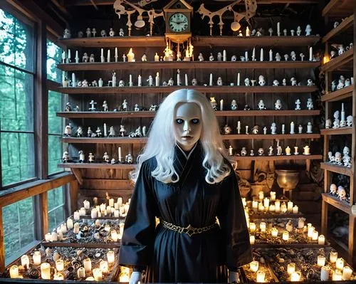 a mage with long white hair in a black robe casts an ice spell in a room full of clocks, the mystical and monumental atmosphere of the picture,apothecary,volturi,candlemaker,witch house,yaddo,ossuary,