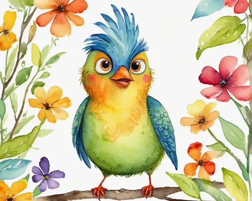 Create an animated comedy series about a mischievous bird going on hilarious adventures.,flower and bird illustration,bird painting,watercolor bird,bird illustration,caique,spring bird,tropical bird,c