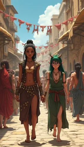 Draw in anime style: A Byzantine city marketplace. The people in the background are wearing Byzantine clothing. In the distance, a barefoot, mean-looking Polynesian girl, with good muscle tone, ebony 