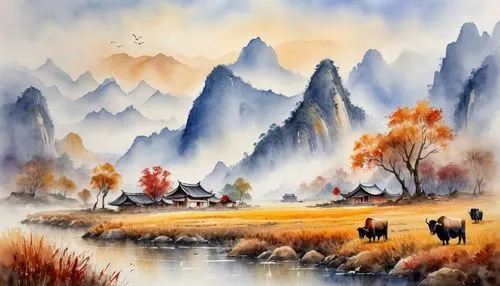 autumn landscape,lijiang,huashan,haiping,autumn mountains,landscape background,haicang,yunnan,mountain scene,mountain landscape,mountainous landscape,jianfeng,yiping,zhaoying,fall landscape,chayng,xianning,watercolor background,huangshan,rural landscape,Illustration,Paper based,Paper Based 24