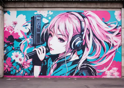 hatsune miku,vocaloid,headphone,mural,graffiti,miku,graffiti art,headphones,earphone,listening to music,grafitty,tsumugi kotobuki k-on,music,belfast,berlin,grafitti,music player,grafiti,harajuku,painted wall,Conceptual Art,Graffiti Art,Graffiti Art 12