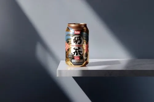 an open beer can sitting on a table,moutai,cola can,coffee background,baijiu,energy drink,product photography,kronenbourg,kopparbergs,packshot,beverage can,taurine,clubmate,coffee can,kokeshi,japanese