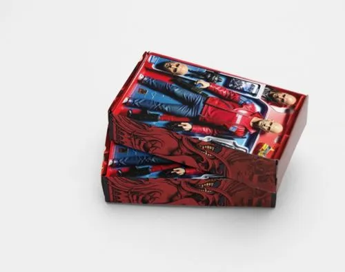 Action figure toy infographics, Label that says "Open Fire" on display box, Comic book style, Red and white color palette,,a box of action figures are placed in a red box,stack book binder,photobooks,